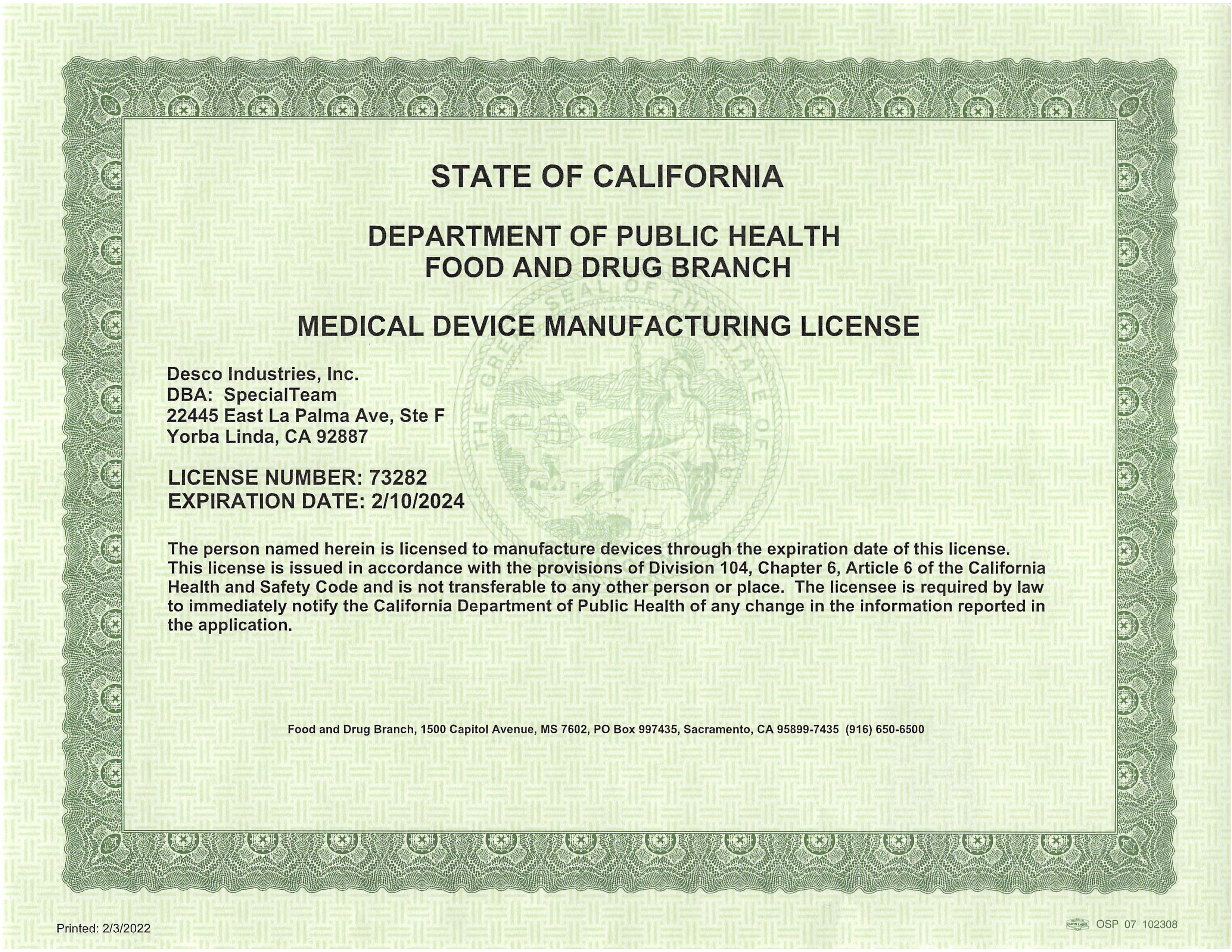 California Device License Certification - SpecialTeam